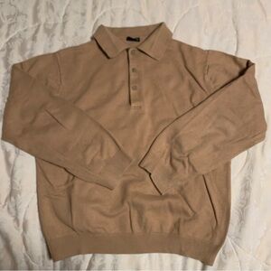 Cashmere Wool Blend Tan Long Sleeve Polo Sweater Shirt